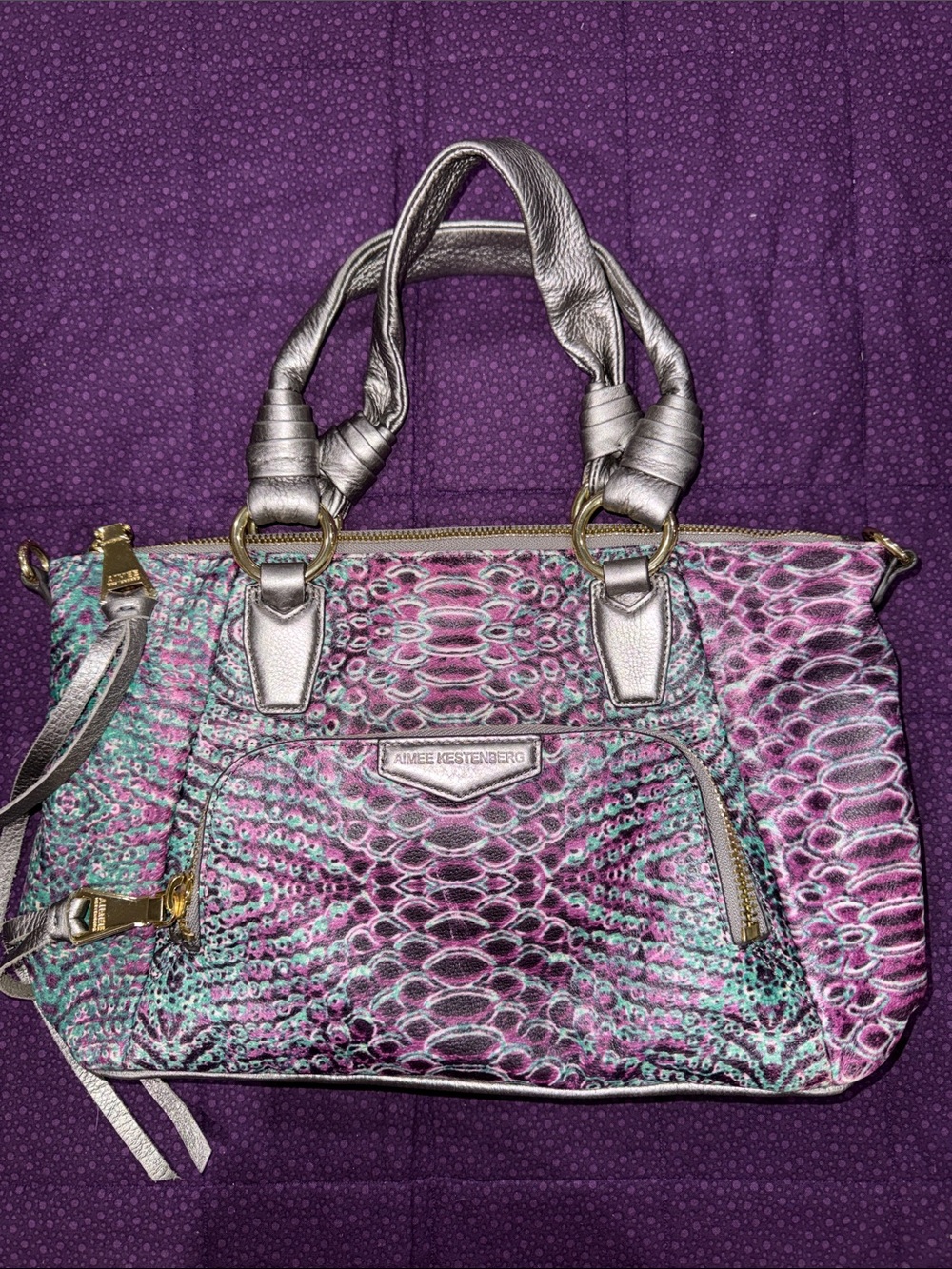 Aimee Kestenberg Purple Teal Snake-Print Satchel with Gunmetal Trim